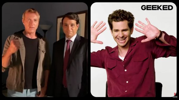 La emoción de Andrew Garfield al ser sorprendido por el elenco de "Cobra Kai"